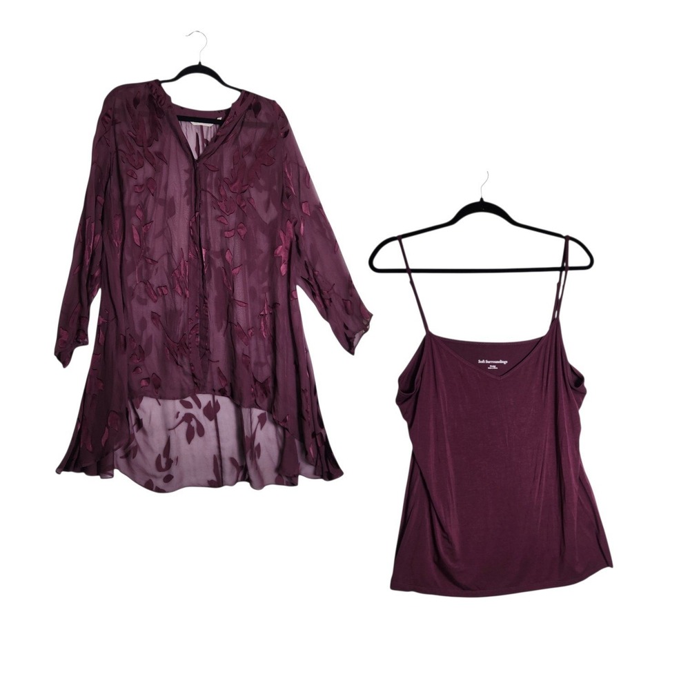 Soft Surroundings Wine Burgundy Burnout Velvet Floral Tunic Top Asymmetrical XL